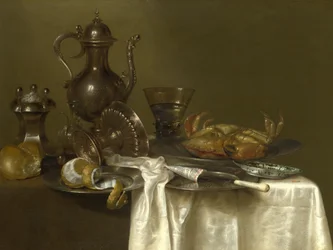 Stilleven: Tin en Zilveren Vaten en een Krab